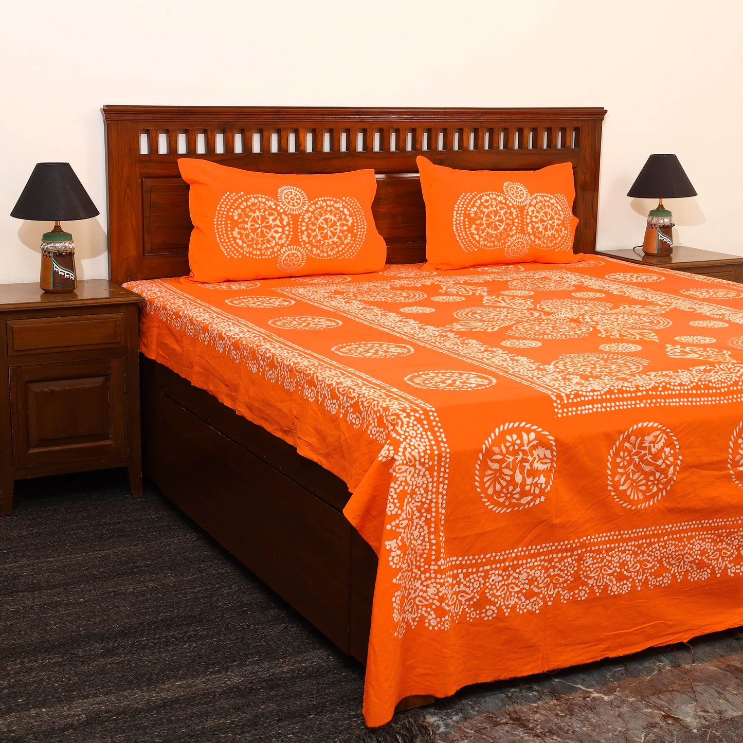  Orange Cotton Double Hand Batik Print Bed Sheet Set