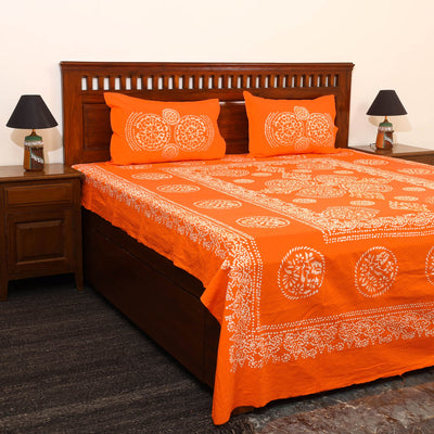  Orange Cotton Double Hand Batik Print Bed Sheet Set