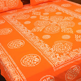  Orange Cotton Double Hand Batik Print Bed Sheet Set