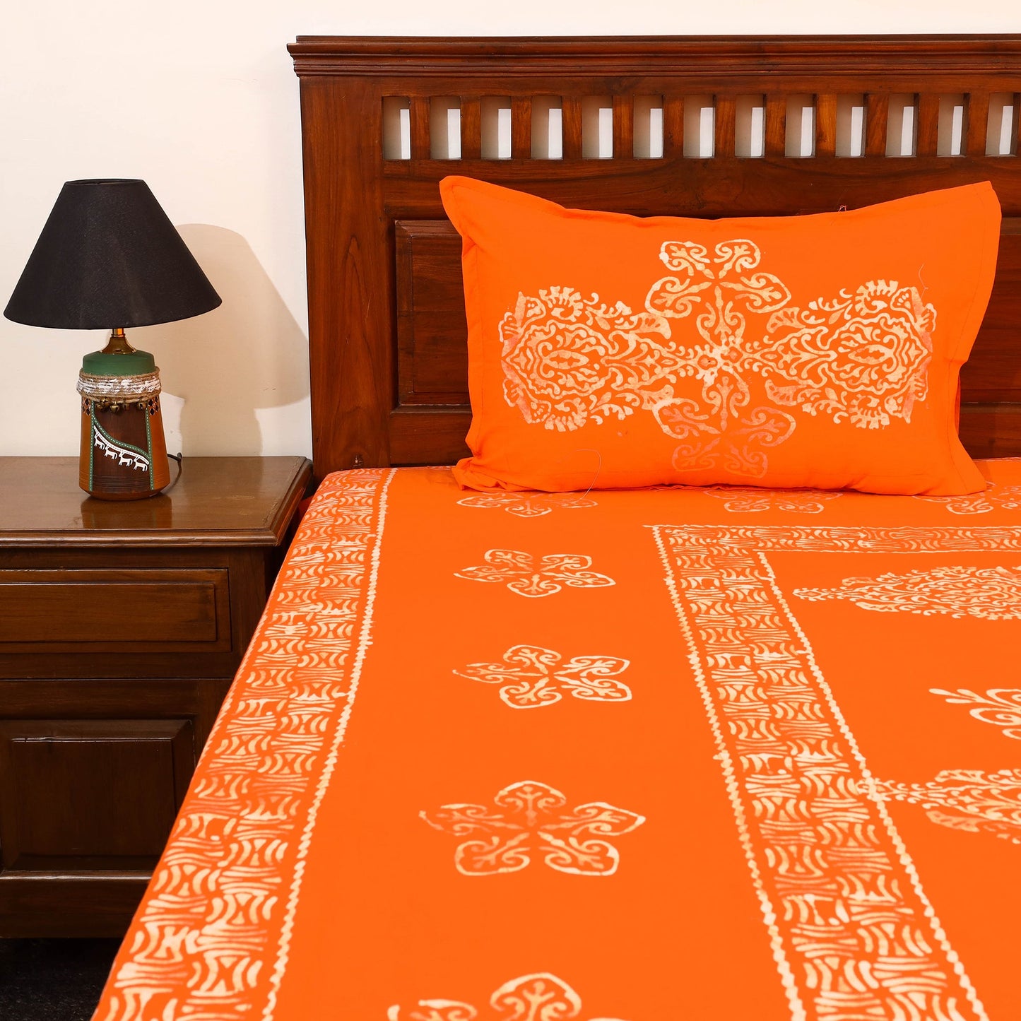 Orange - cotton double hand batik bed sheet set 19