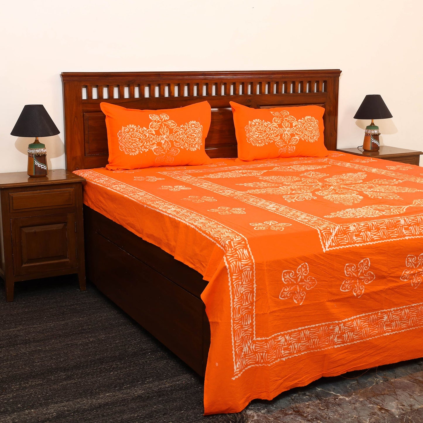 Orange - cotton double hand batik bed sheet set 19