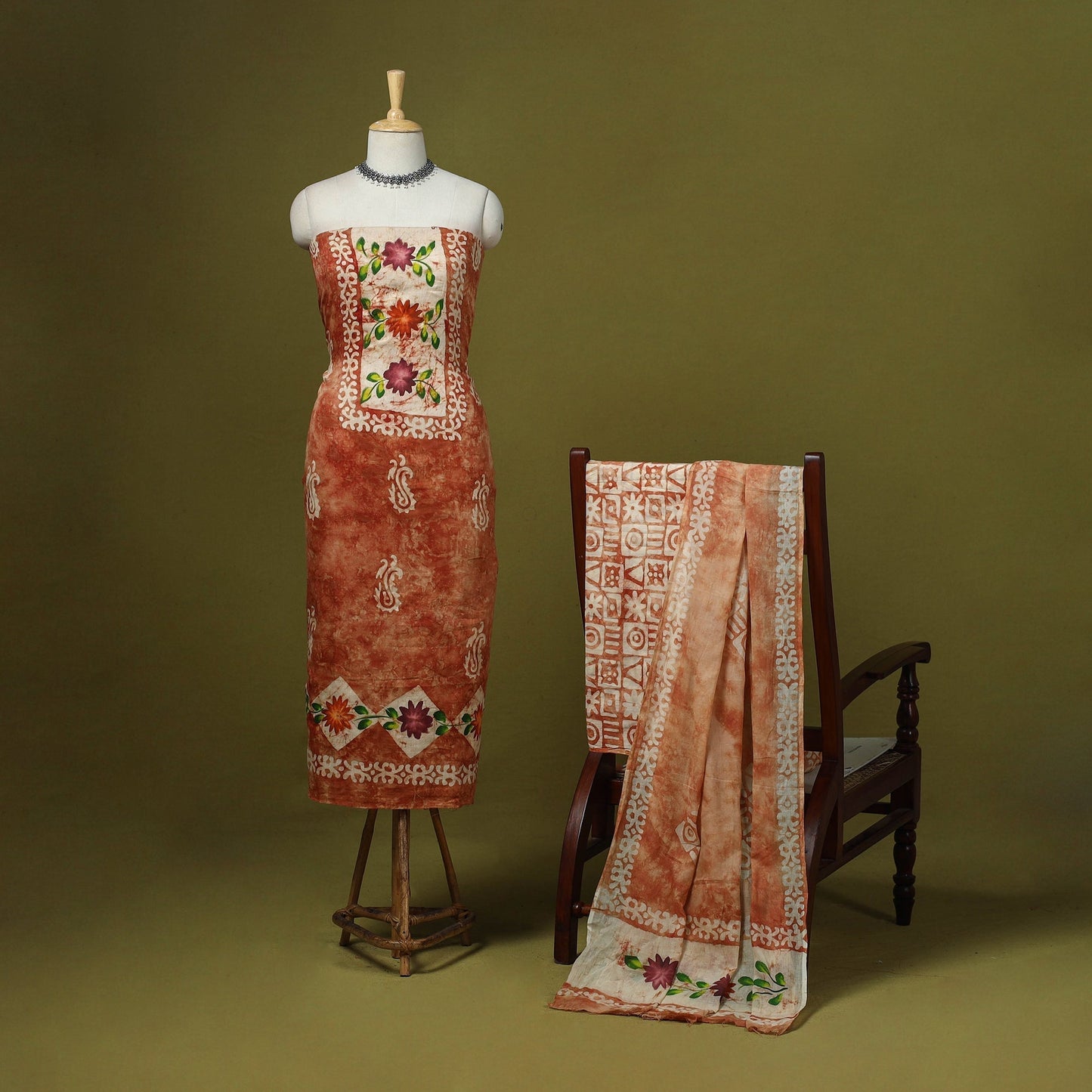 Pink - cotton hand batik 3pc unstitched dress material 04