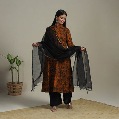 Orange Cotton Hand Batik Print Kurta Set (Set of 3)