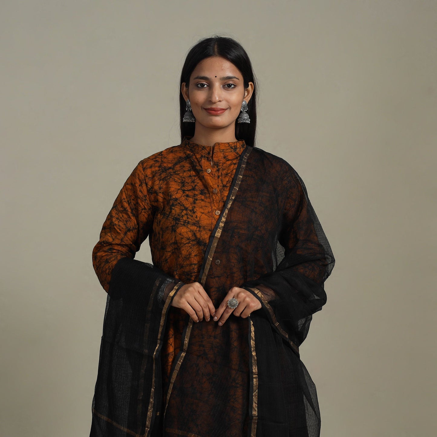 Orange Cotton Hand Batik Print Kurta Set (Set of 3)