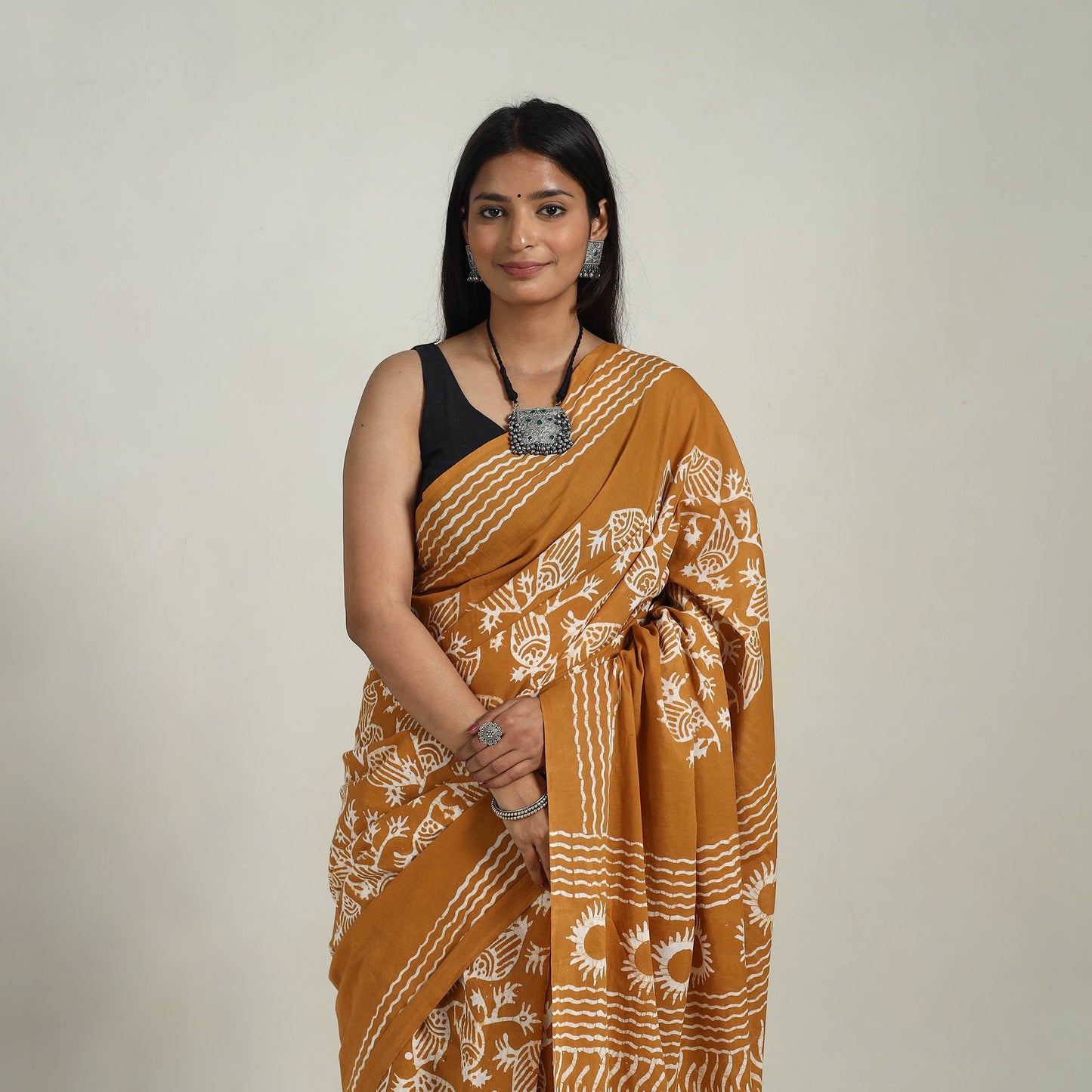 Buy Cotton Orange Hand Batik Print Saree online