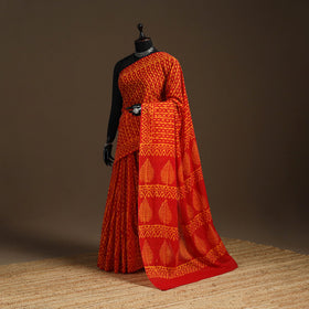 Orange - cotton hand batik saree 21 - handcrafted
