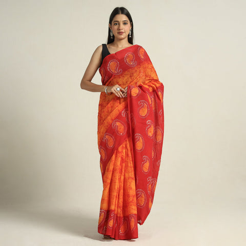  Orange Cotton Hand Batik Print Saree