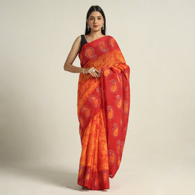  Orange Cotton Hand Batik Print Saree