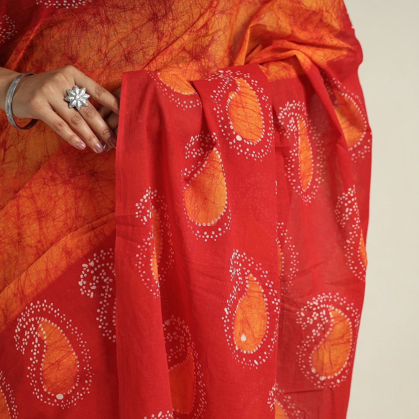  Orange Cotton Hand Batik Print Saree