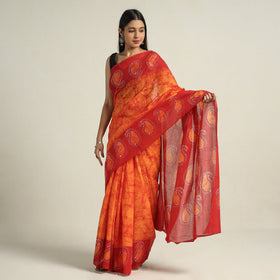  Orange Cotton Hand Batik Print Saree