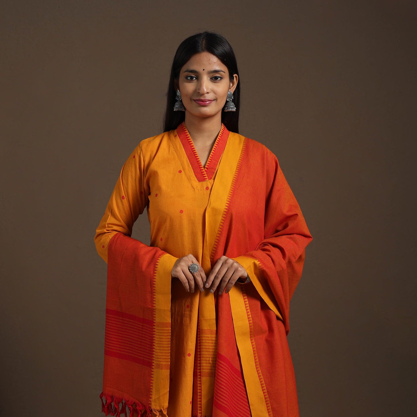 Orange Cotton Jacquard Kurta Set (Set of 3)
