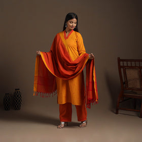 Orange Cotton Jacquard Kurta Set (Set of 3)