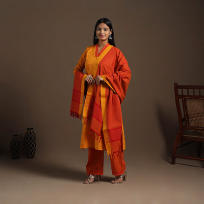 Orange Cotton Jacquard Kurta Set (Set of 3)