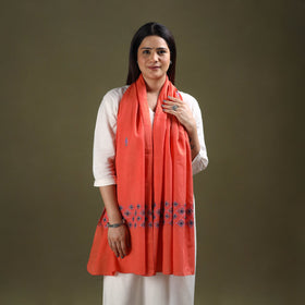 Orange - cotton kashida embroidery stole 03 - handcrafted