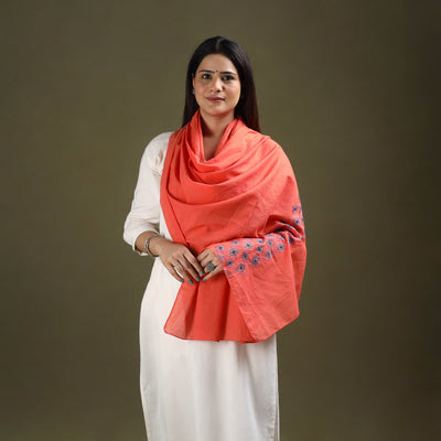 Orange - cotton kashida embroidery stole 03 - handcrafted