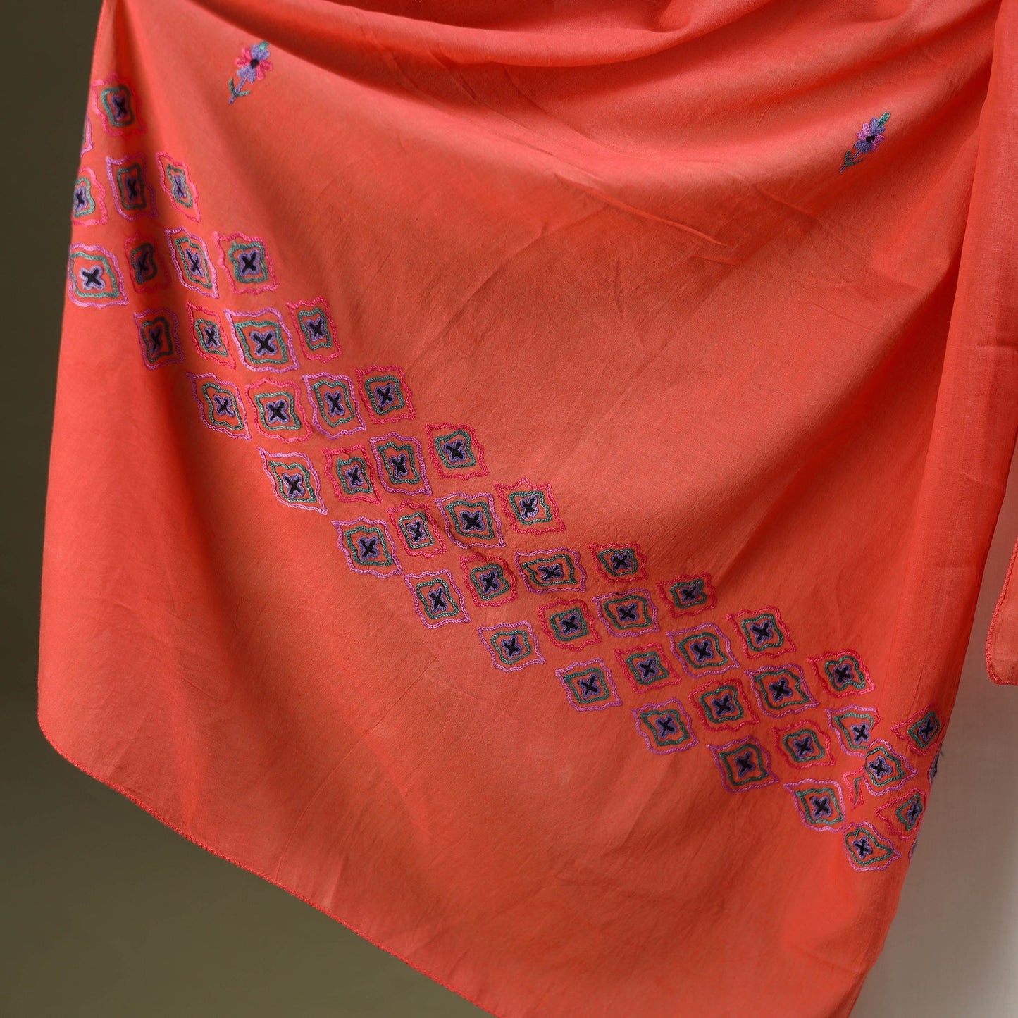 Orange - cotton kashida embroidery stole 03 - handcrafted