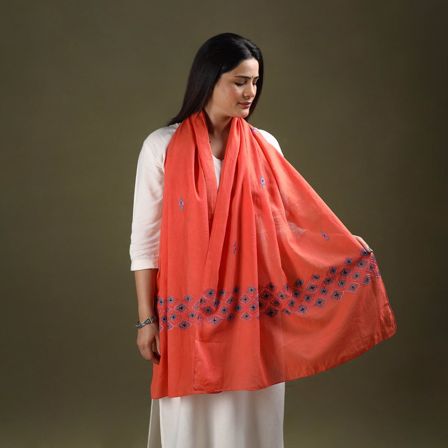 Orange - cotton kashida embroidery stole 03 - handcrafted
