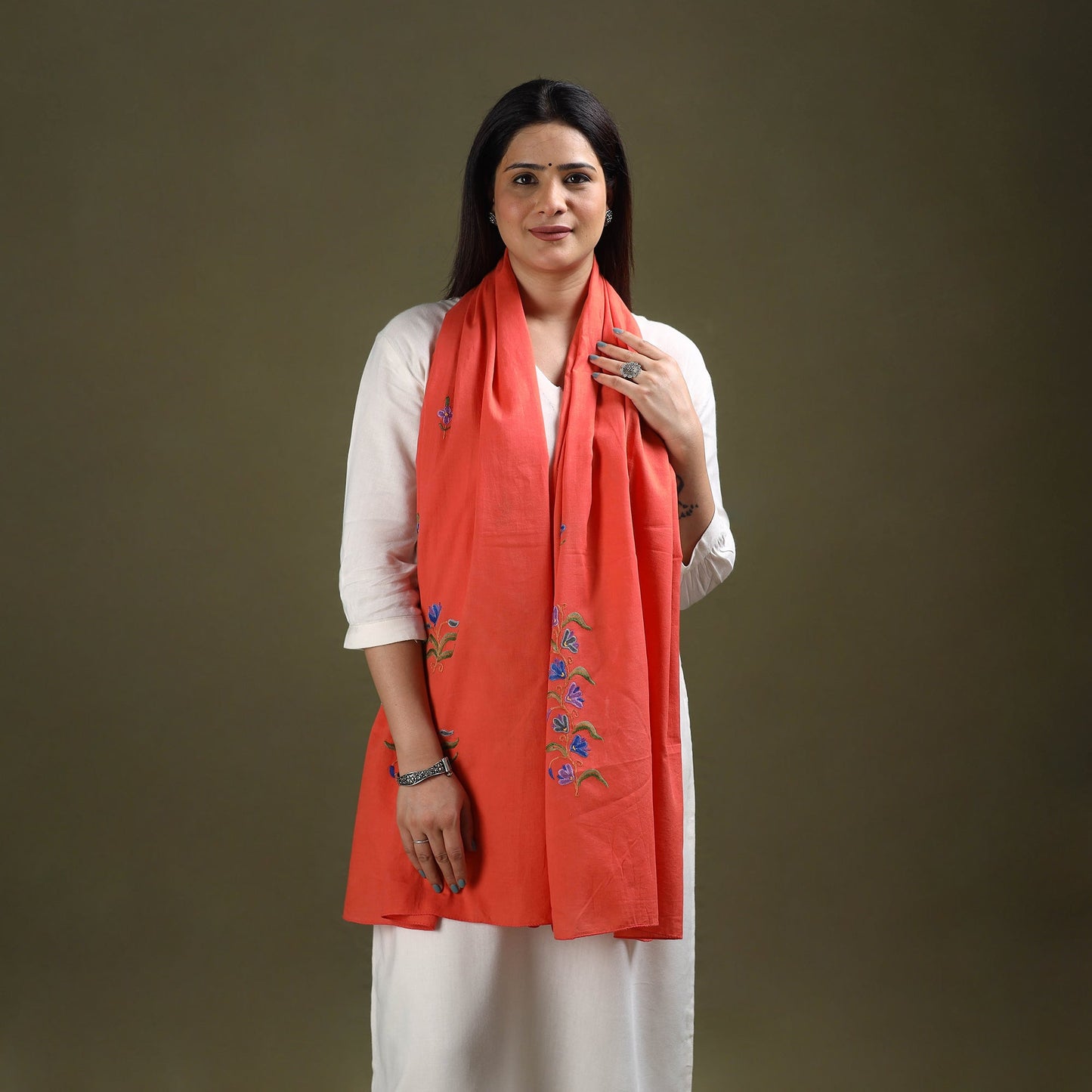 Buy Orange Cotton Kashida Embroidery Stole