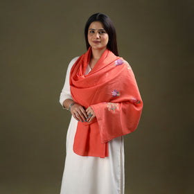 Orange - cotton kashida embroidery stole 09 - handcrafted