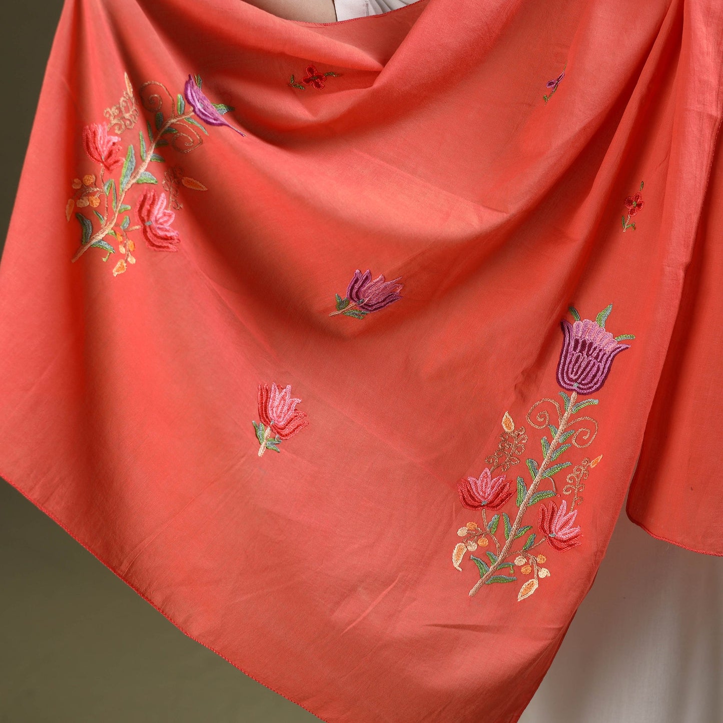 Orange - cotton kashida embroidery stole 09 - handcrafted