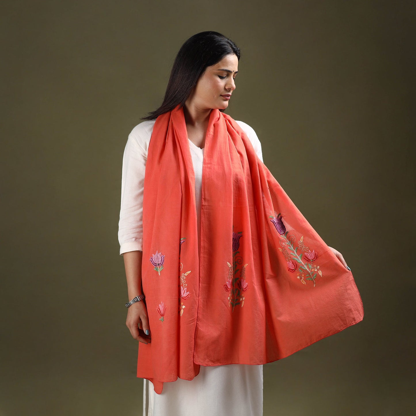 Orange - cotton kashida embroidery stole 09 - handcrafted