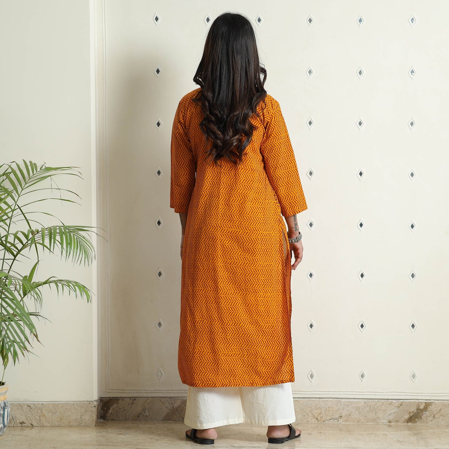 Orange Block Print Cotton Pintuck Straight Bagh Kurta For Women