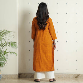 Orange Block Print Cotton Pintuck Straight Bagh Kurta For Women