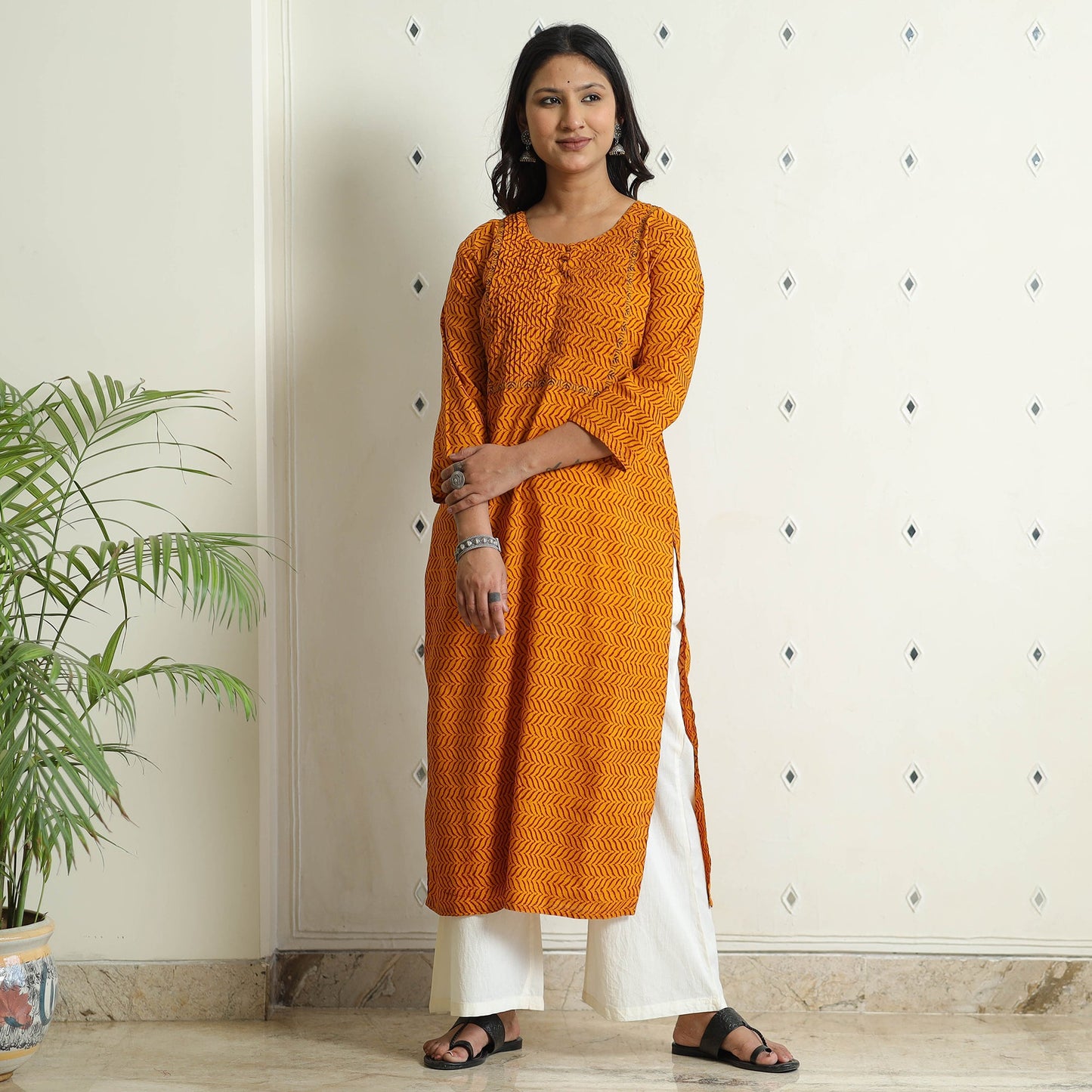 Orange Block Print Cotton Pintuck Straight Bagh Kurta For Women