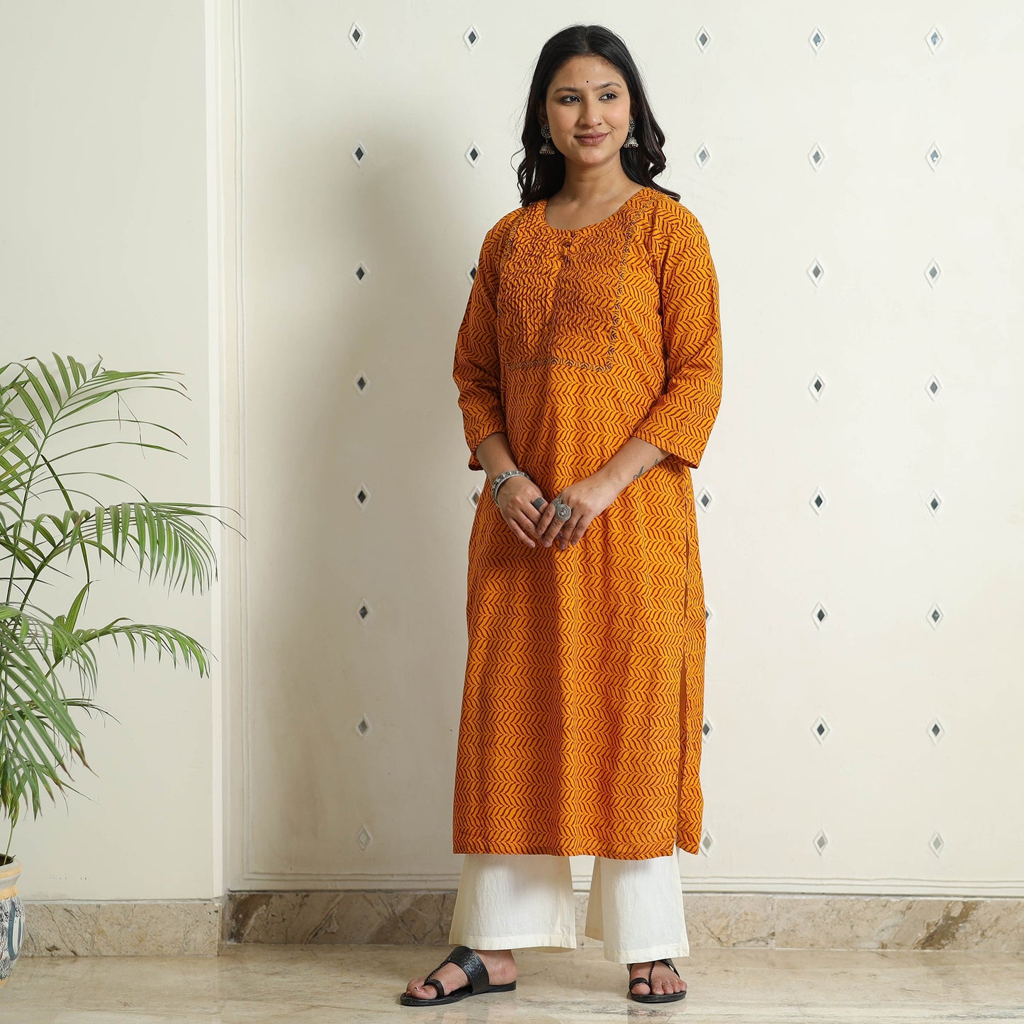 Orange Block Print Cotton Pintuck Straight Bagh Kurta For Women