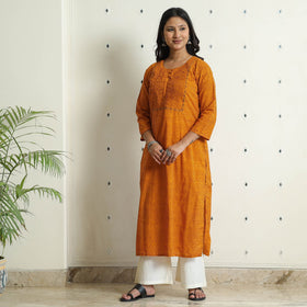 Orange Block Print Cotton Pintuck Straight Bagh Kurta For Women