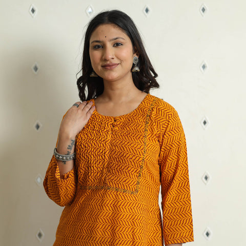 Orange Block Print Cotton Pintuck Straight Bagh Kurta For Women