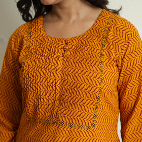 Orange Block Print Cotton Pintuck Straight Bagh Kurta For Women