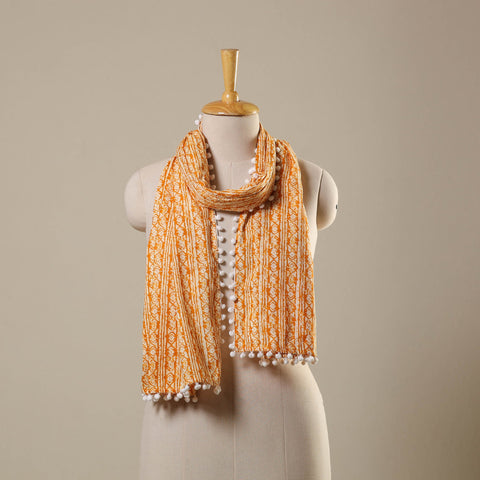 Orange Block Print Cotton Sanganeri Stole with Pom Pom