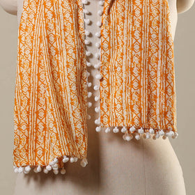 Orange Block Print Cotton Sanganeri Stole with Pom Pom