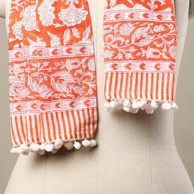 Block Print Cotton Orange Sanganeri Stole with Pom Pom