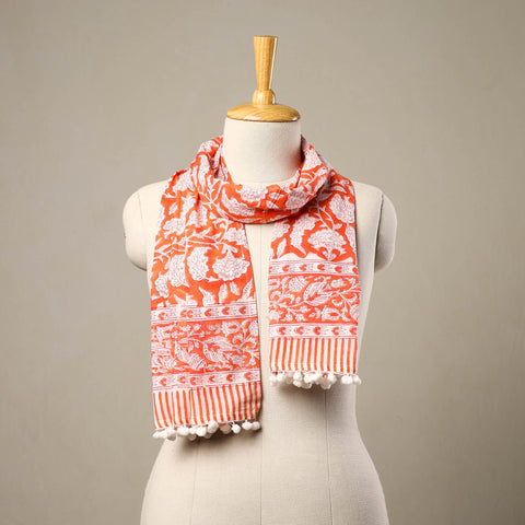  Block Print Cotton Orange Sanganeri Stole with Pom Pom