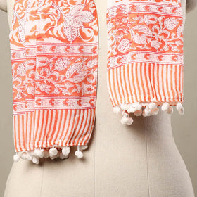  Orange Block Print Cotton Sanganeri Stole with Pom Pom