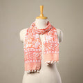  Orange Block Print Cotton Sanganeri Stole with Pom Pom