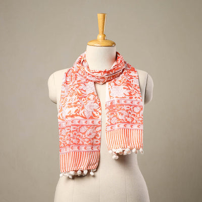  Orange Block Print Cotton Sanganeri Stole with Pom Pom