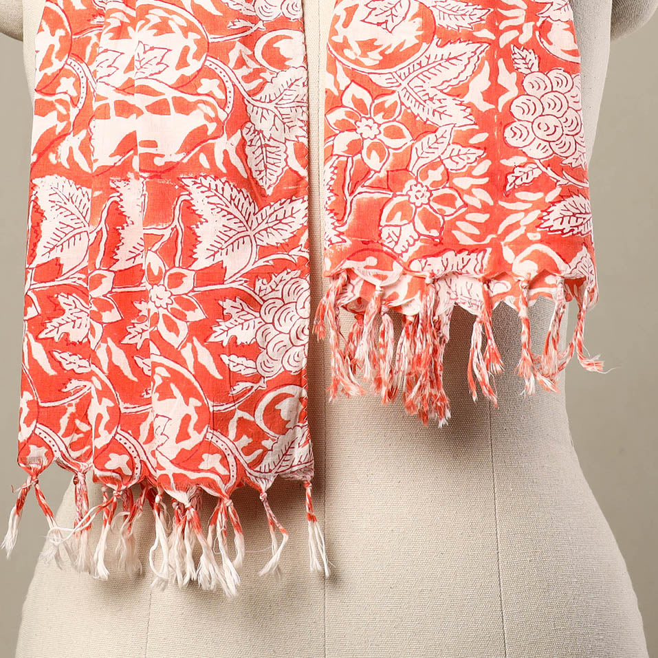 Buy Block Print Cotton Orange Sanganeri Stole with Tassels