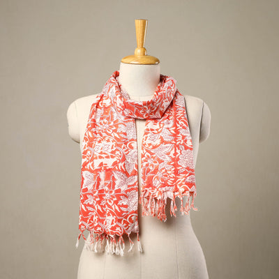 Buy Block Print Cotton Orange Sanganeri Stole with Tassels