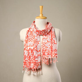 Buy Block Print Cotton Orange Sanganeri Stole with Tassels