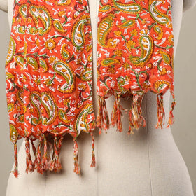 Buy Block Print Cotton Orange Sanganeri Stole with Tassels