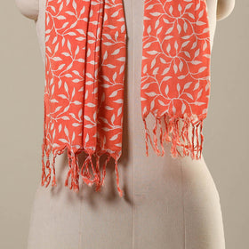Orange Block Print Cotton Sanganeri Stole with Tassels