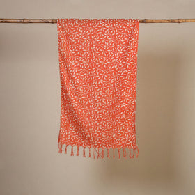 Orange Block Print Cotton Sanganeri Stole with Tassels