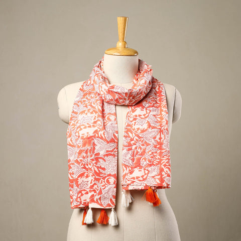  Orange Block Print Cotton Sanganeri Stole with Tassels