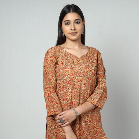 Orange Block Print Cotton Straight Kalamkari Kurta For Women