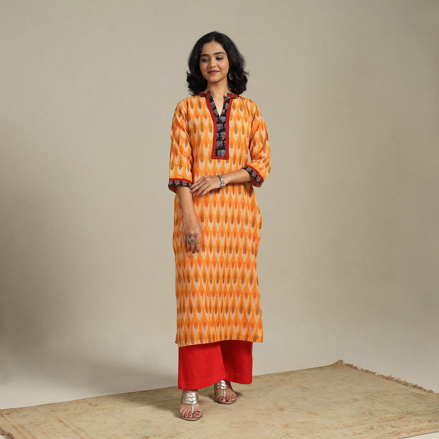 Orange Cotton Straight Pochampally Ikat Kurta