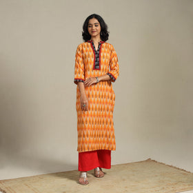 Orange Cotton Straight Pochampally Ikat Kurta