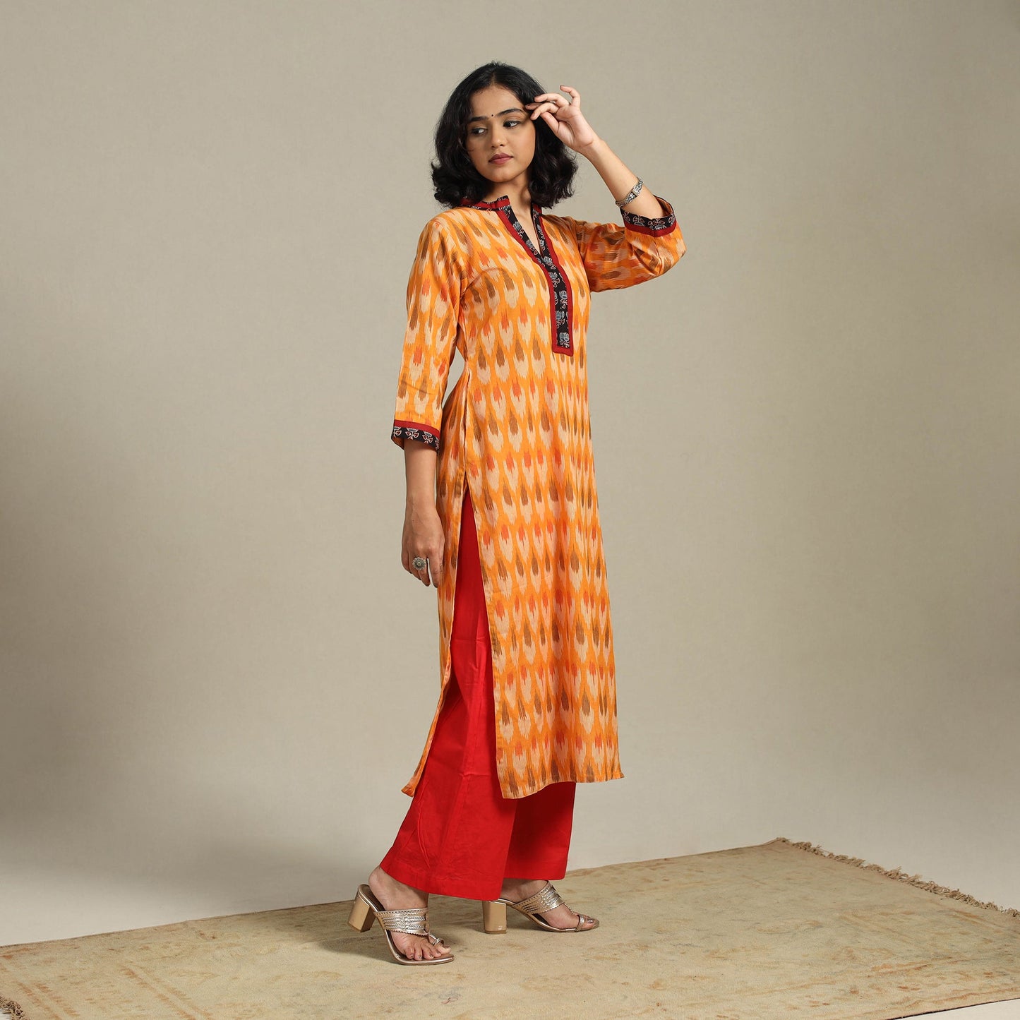 Orange Cotton Straight Pochampally Ikat Kurta